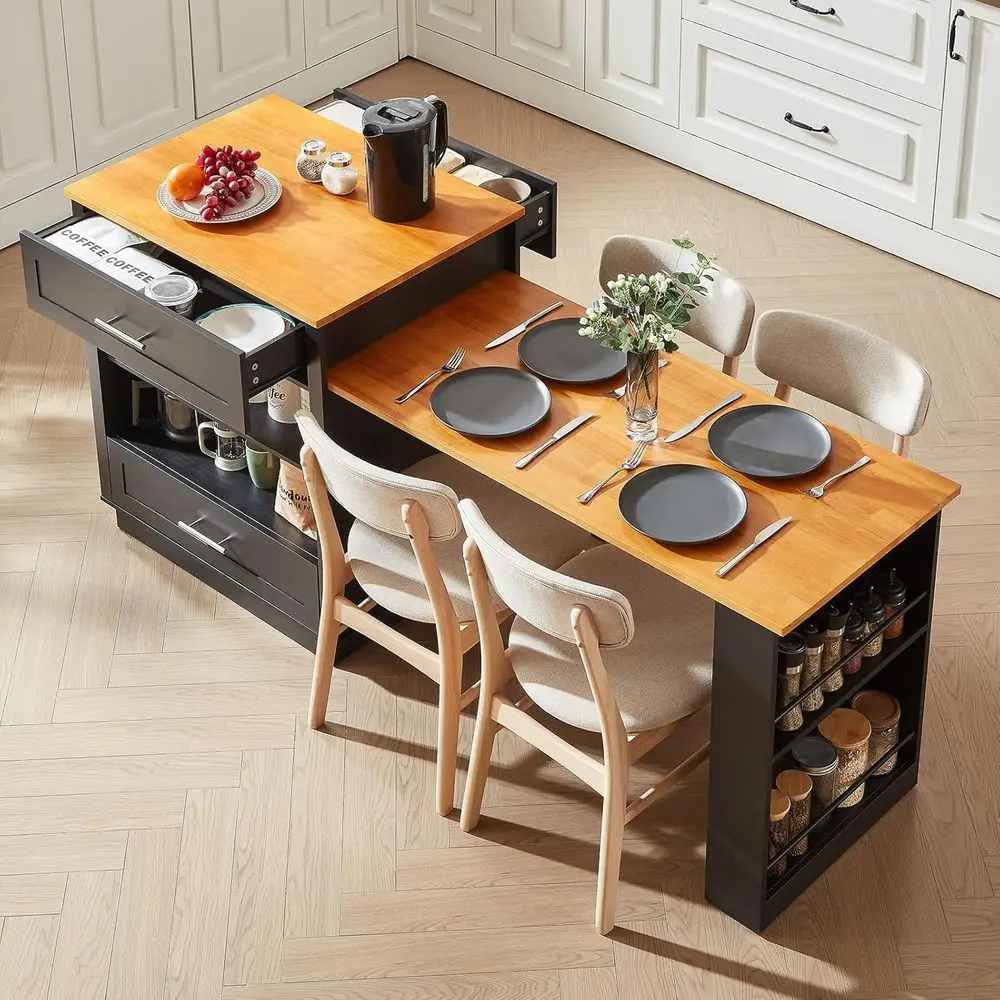 

76 Kitchen Island with Extendable Dining Table, 2-4 Seater Island with Double-Sided Storage, Mobile Cart with Power Outlet and S
