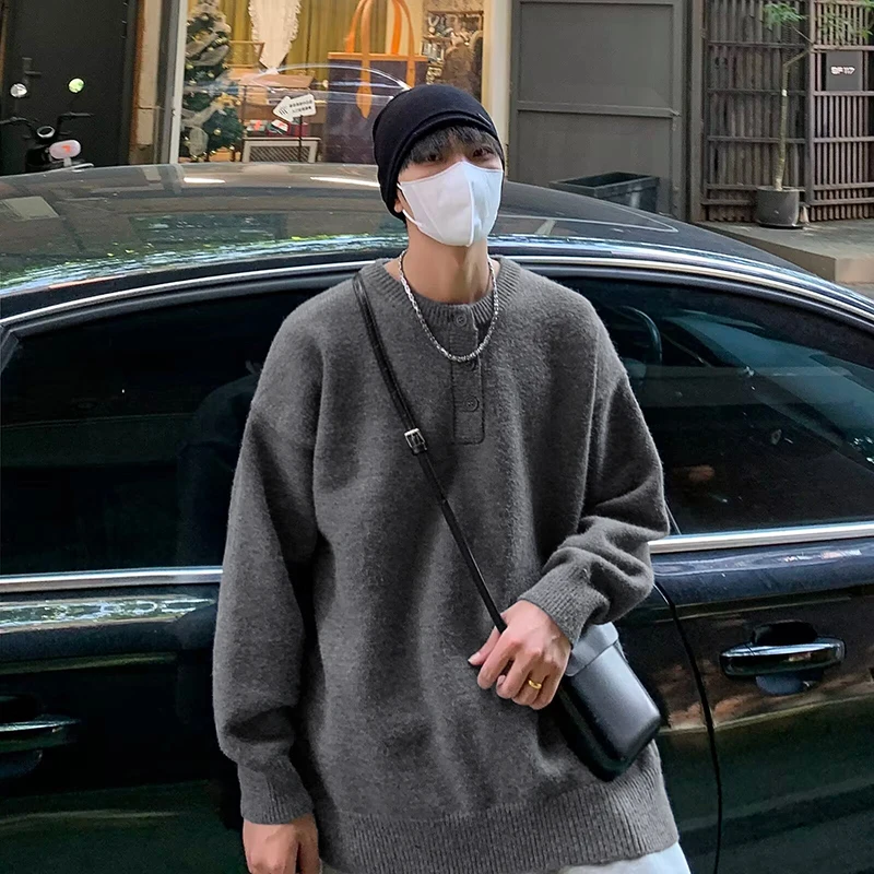 

Plain Color Long Sleeve Men's Vintage Loose Fit Knit Sweater Autumn/Winter Round Neck Casual Pullover for Versatile Styling XXL