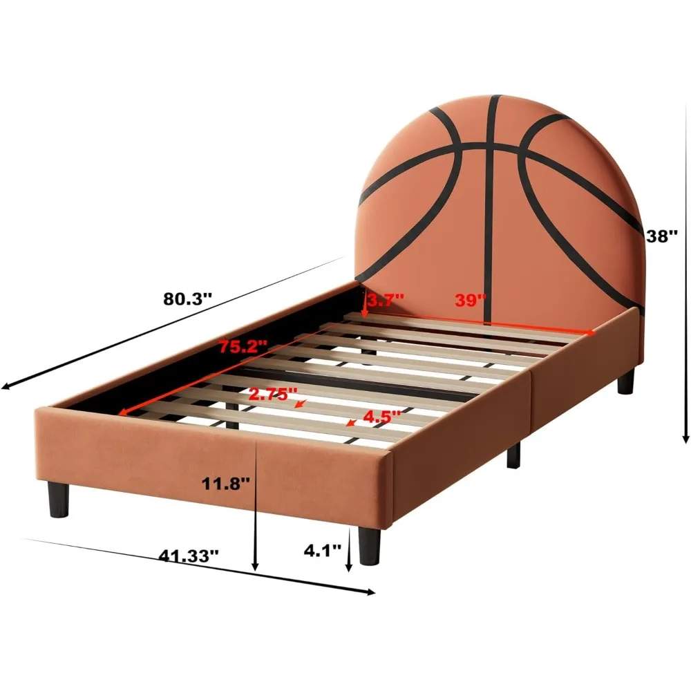 Basketball Shaped Bed for Kids, Twin Size Sport Style Bed Frame for Boys, Wood Platform Upholstered Twin Bed Frame with Slats