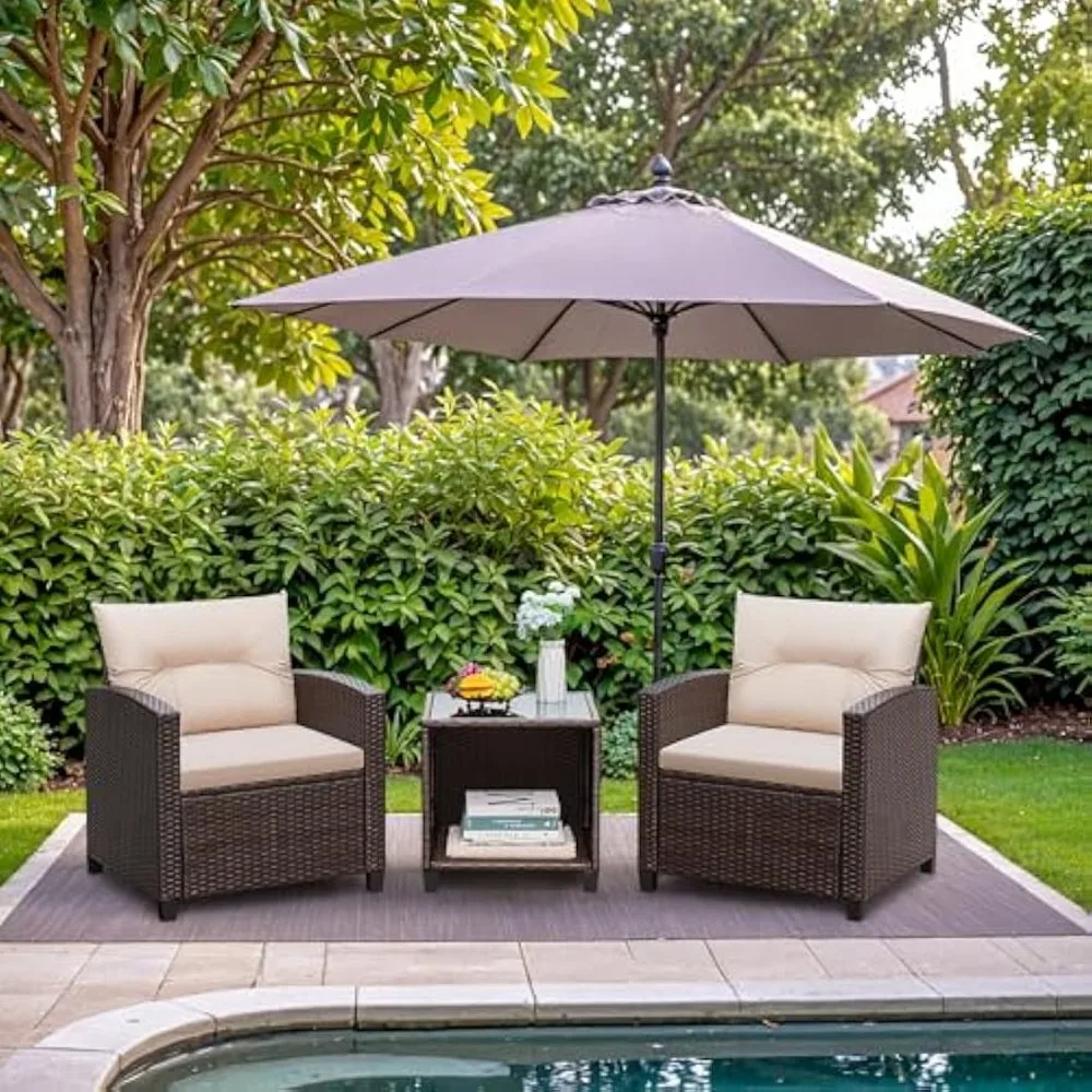 

3 Pieces Patio Furniture Sets Outdoor PE Rattan Wicker Chairs with Soft Cushion and Glass Coffee Table