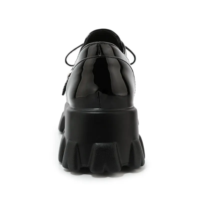 Women Platform Pumps 2023 Autumn 6cm High Heels Patent Leather Black Shoes Lace Up Lolita Japanese Female Shoes Big Size 32-46