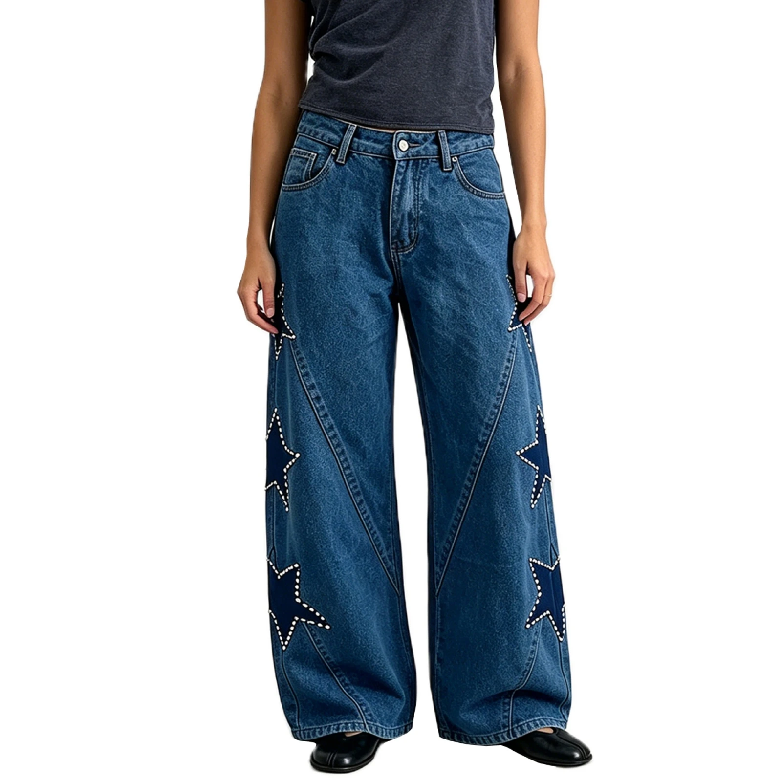 

2026 Fashion Women's Jeans with Pockets Summer Sexy Ladies Loose Stylish Mid Rise Casual Star Patch Wide Leg Denim Pants New