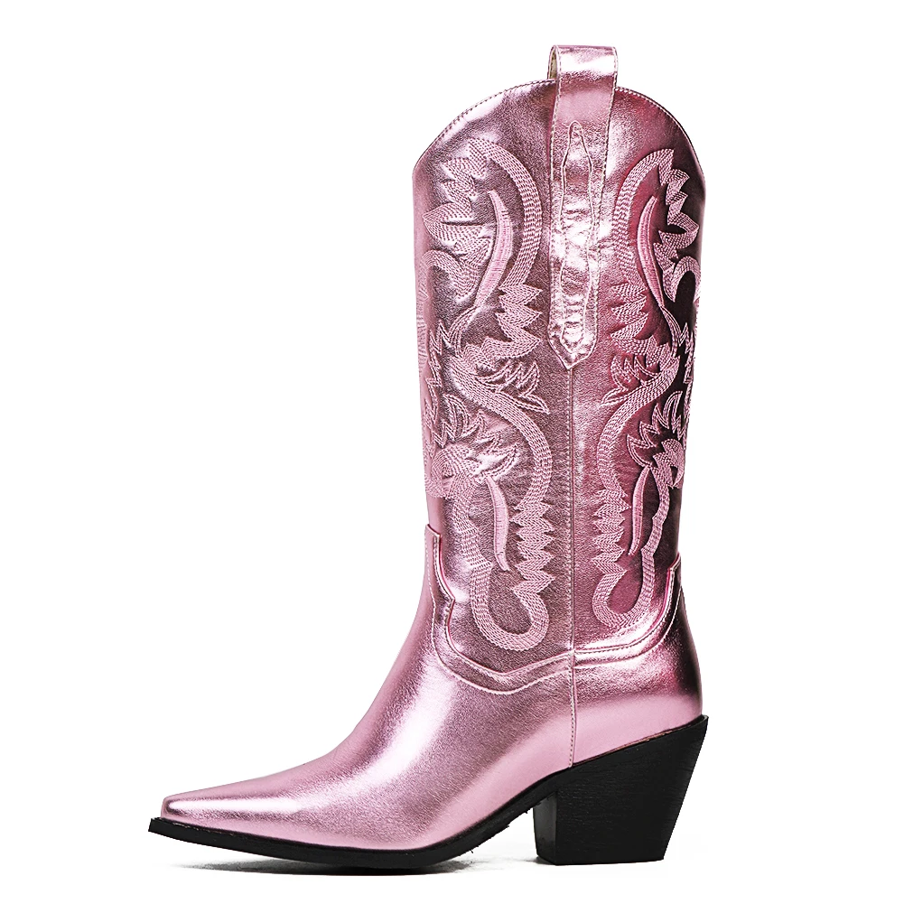 ENMAYER Cowgirls Cowboy Pink Metallic Western Boots for Women Pointed Toe Stacked Heeled Pull on Mid Calf Boots Brand Design