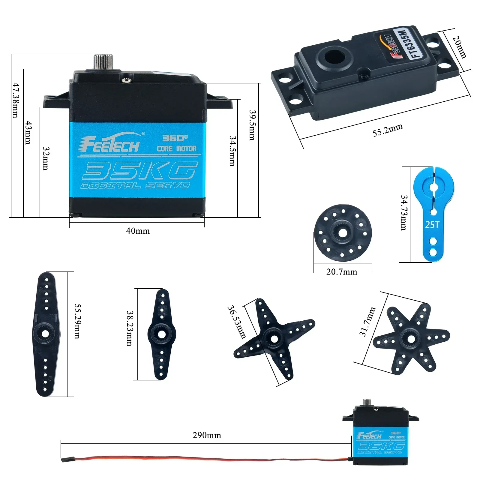 FT6335M 35KG Digital Servo Motor 360° Continuous Rotation 7.4V Blue Aluminum Alloy Gear with Metal Arm (1/2/4PCS)