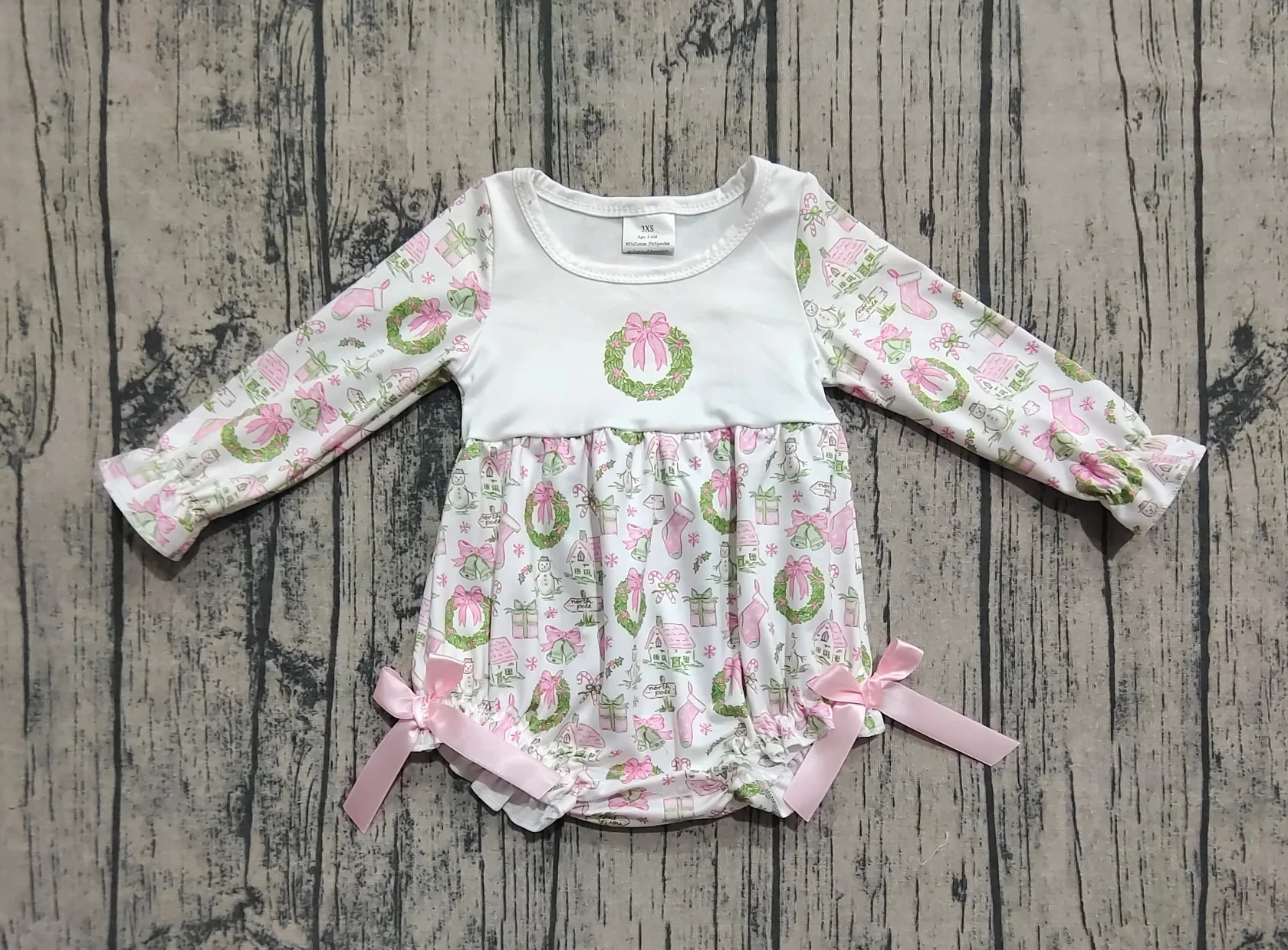 

Wholesale Infant Christmas Bubble Ruffle Clothing Newborn Toddler Romper Baby Kids Children Long Sleeves Girl Bows Jumpsuit