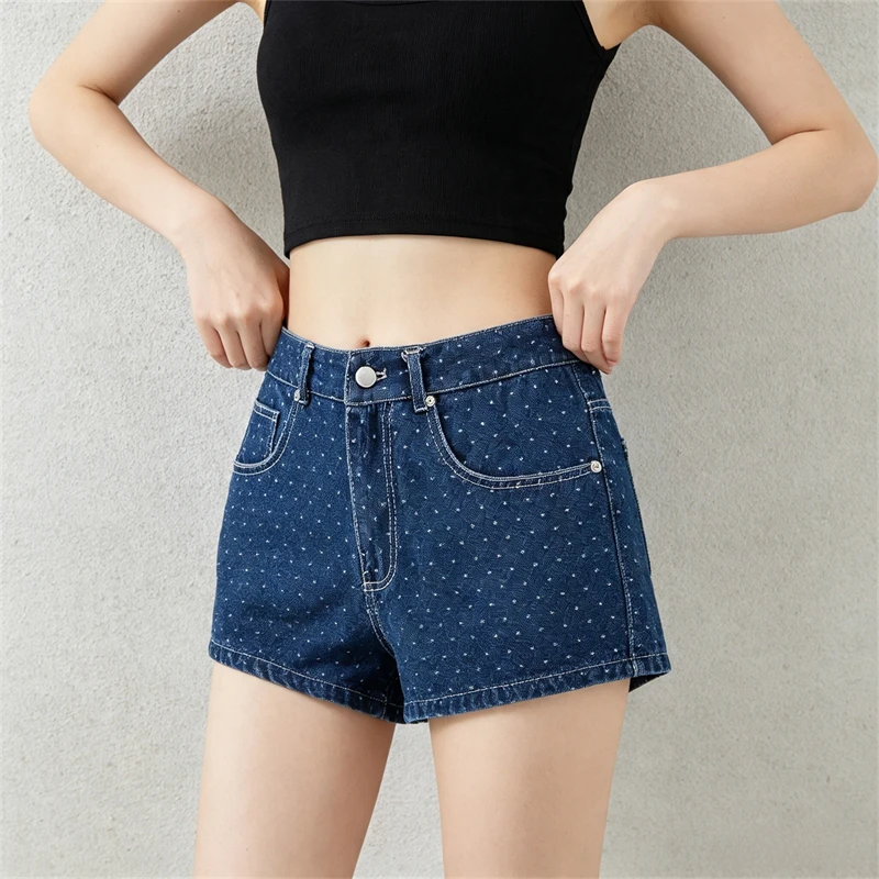 KEYANKETIAN 2026 Women High Waist Tiny Dot Print Denim Shorts Five‑Pocket Metal Button Fly Vintage Y2K Summer Casual Hot Pants