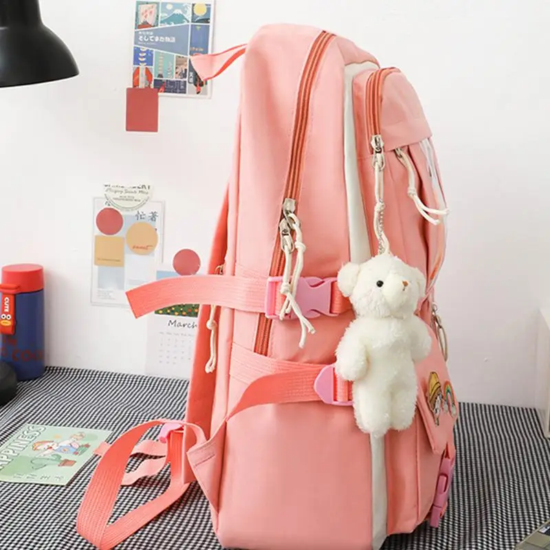 Backpack For School Aesthetic 4-pcs Girls School Backpack Shoulder Bag Pencil Bag Waist Bag Set With Cute Pins And Pendants For