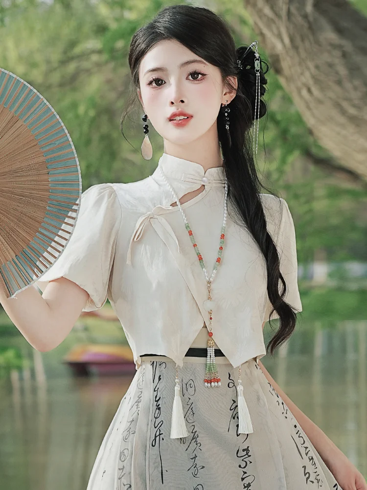 National style top with horse skirt women's summer dress white black short-sleeved shirt disc button small short shirt