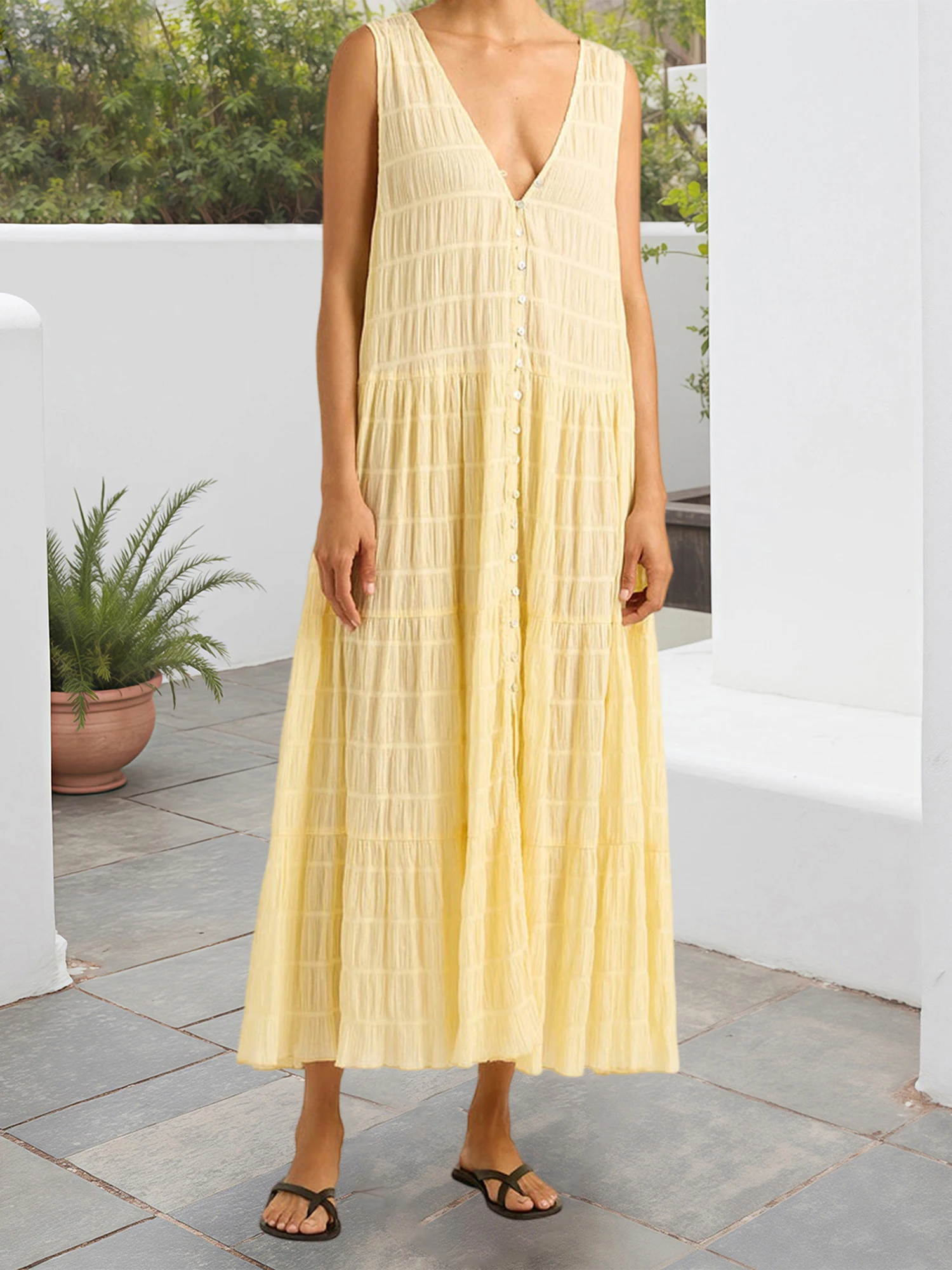 Elegantes Maxikleid für Damen, stilvolles, ärmelloses, fließendes Boho-Kleid mit Blumendruck und Rüschen, perfekt für Sommer-Strandpartys oder Date