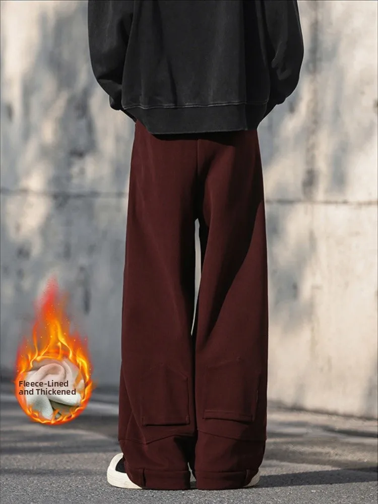 

Мужские винно-красные зимние повседневные брюки на флисовой подкладке, утепленные, свободного кроя, прямые, комфортные, струящиеся, с широкими штанинами, длинные