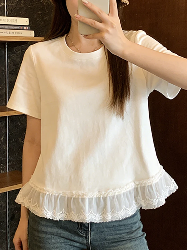 

plus Size Summer T-Shirt Women's Loose Fit round Neck Short Sleeve Patchwork Lace Trim Korean Style Breathable Casual Top