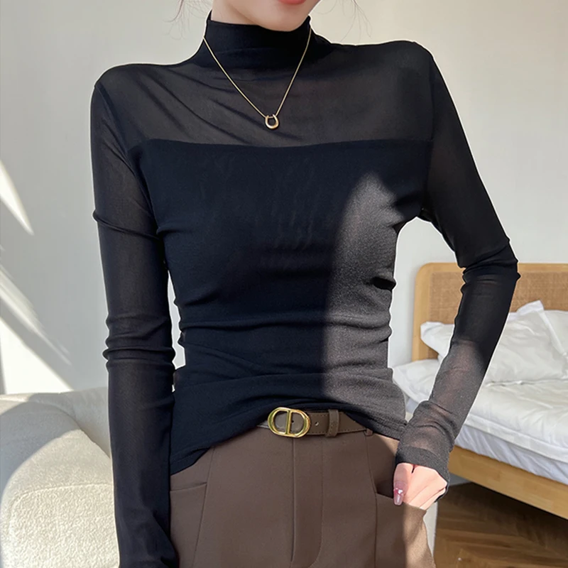Women Half High Collar Long Sleeves T-shirt Lady Top Autumn/Winter Fashion Commute Mesh Spliced Elastic Pullover Female Clothes