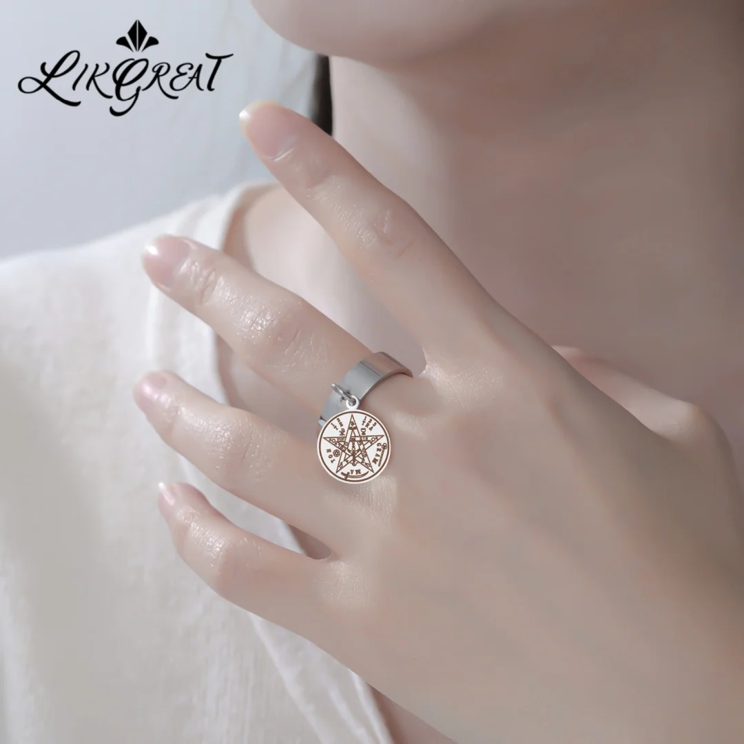 Tetragrammaton Solomon 21 Pentagram Ring Stainless Steel Vintage Kabbalah Witchcraft Wiccan Gift For Men Women Protection Talism