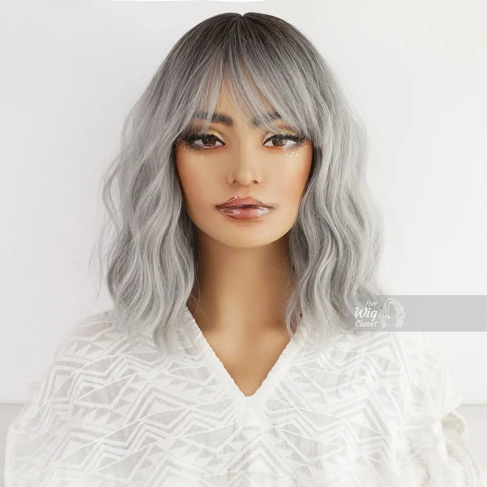 

Elastic Ombre Sliver Gray Blonde Luxury Hair Mix Color Natural Wave Pre Plucked Hairline Synthetic Lace Front Wigs With Bangs