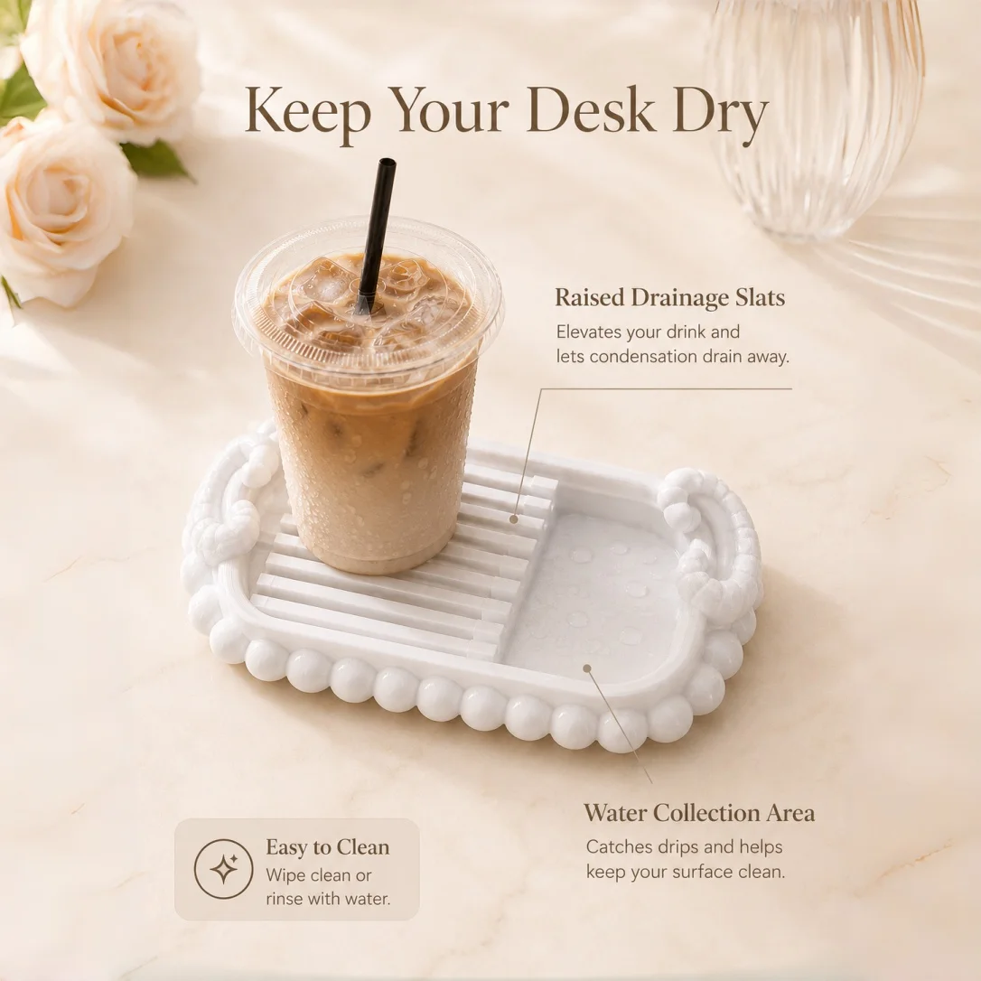 White Decorative Grille-Shaped Drink Tray with a Ram Horn Design, Designed for Condensation Water Coasters, Light Luxury Vanity Table Accessory Tray, Cute Desktop Decor for Apartments and Dorms