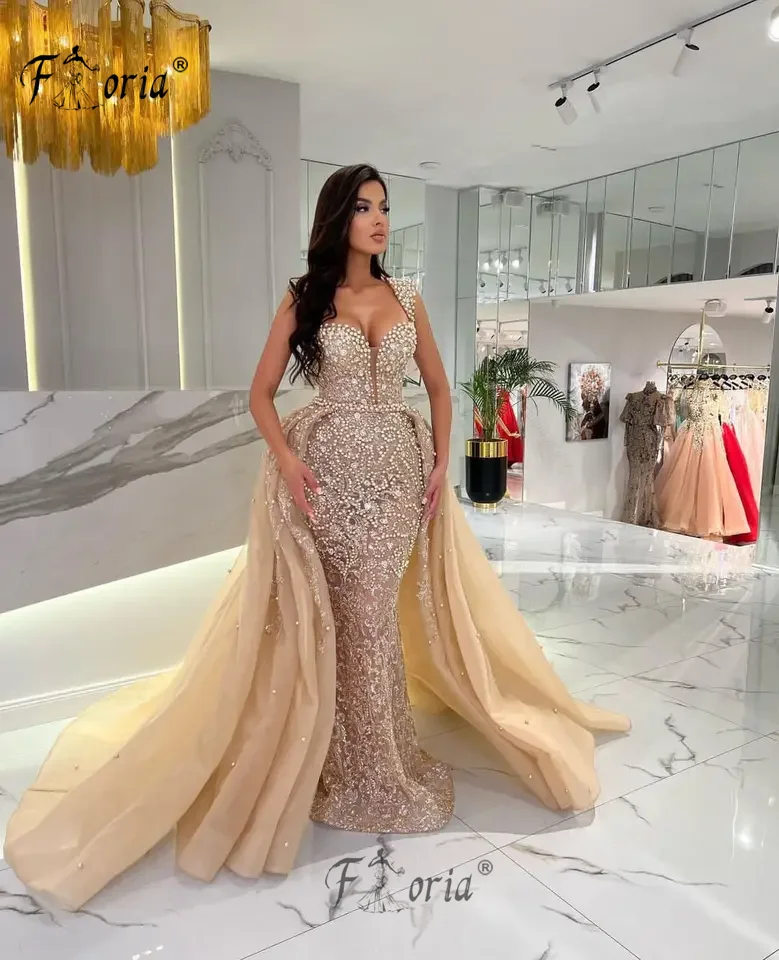 Dubai Champagne Mermaid vestido de noite para mulheres, vestidos personalizados com trem destacável, pérolas, festa de casamento, glamoroso