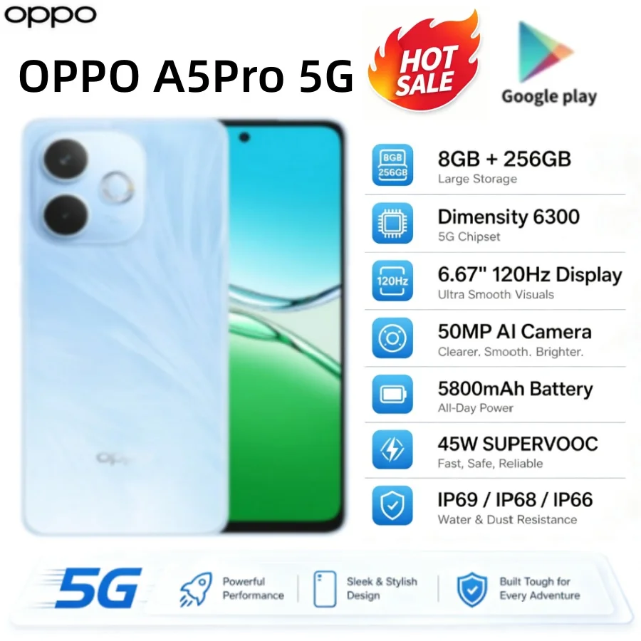 New Arrival 2026 OPPO A5Pro Unlocked Android Cellphone 8GB RAM 256GB ROM Dual‑SIM 6.5'' HD+ Waterdrop Display MediaTek Helio P35