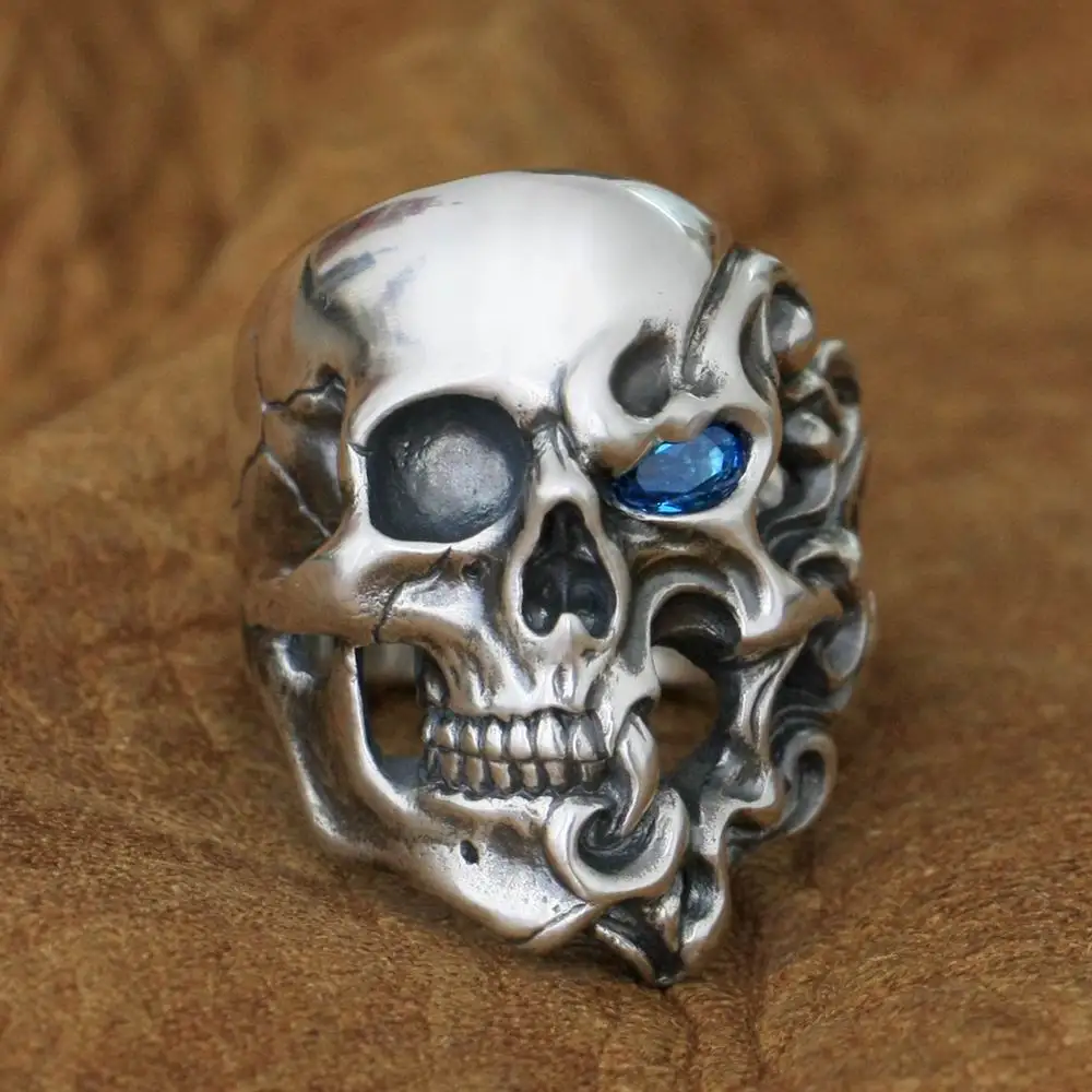 CZ Eyes 925 Sterling Silver Fire Skull Ring Punk Jewelry TA282 US Size 7~15 BZ