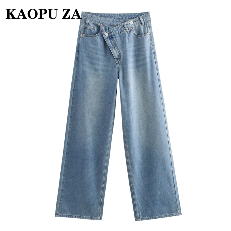 KAOPU ZA 2024 New Autumn Ladies Fashion vita alta Jeans larghi a gamba larga pantaloni in Denim invecchiato Casual Streetwear