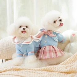 Bowknot JK Preppy Style Dress for Cats and Dogs, Warm Walking Clothes with Buckle, Pet Supplies, Kawaii, Autumn, Winter