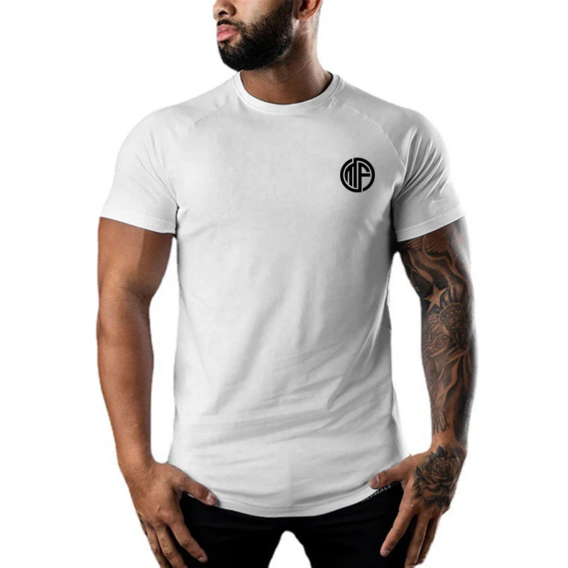 Summer Men Cotton Sport  Breathable Gym Workout Shirt Raglan Sleeve Running Basketball Training  Absorb Sweat Elastic Fitnes Top