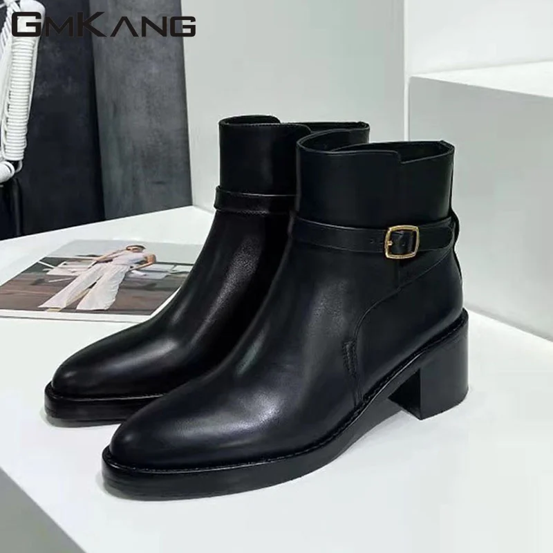 

Black Chelsea Boots Woman Square Toe Belt Buckle Short Boots Lady Genuine Leather British Style Shoes Flat Knight Boots Women