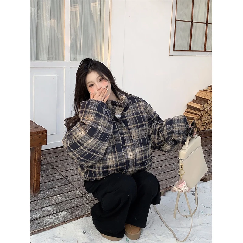 Short Plaid Parkas Women Vintage Thick Down Coats Streetwear Cropped Puffer Jacket Winter Korean Warm Cotton Padded Outwears New