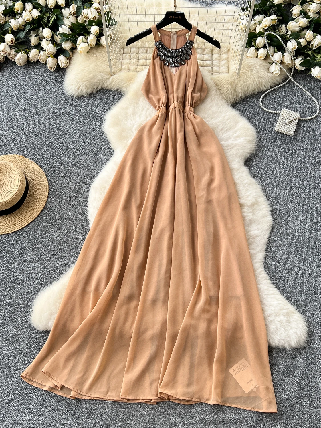 

2025 Summer Women's Elegant Diamond-neck Sleeveless Slim Long Dress Boho Beach Wedding Party