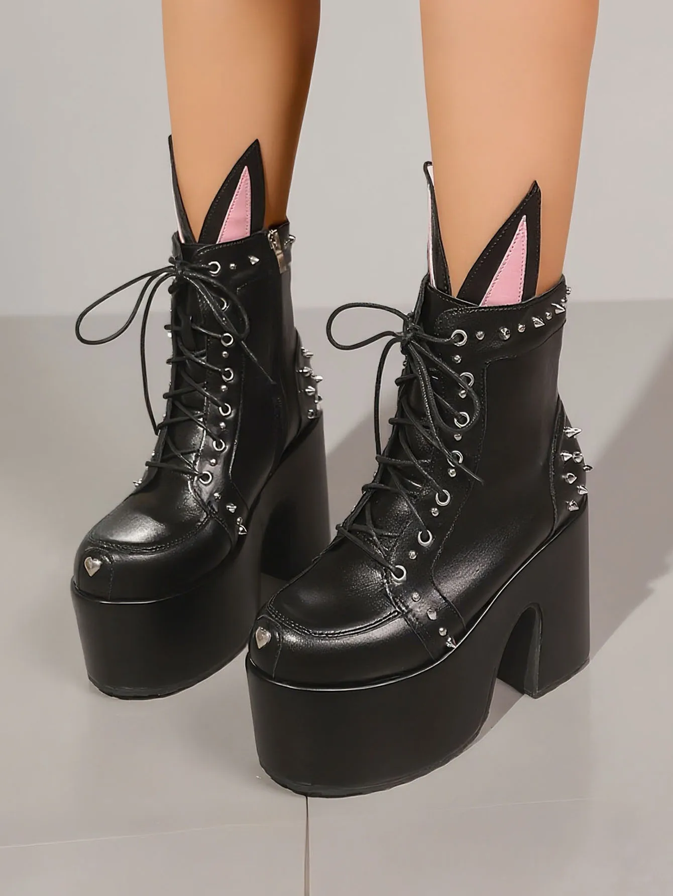 

Women's Y2K Goth Ankle Boots Fashion Punk Rivet Buckle Platform Block Chunky High Heels Cute Ear Decoration Street Cosplay Boots