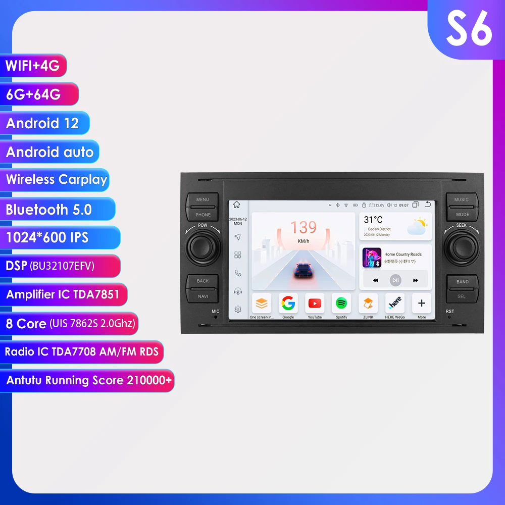 

4G 64G Android 12 Auto Car radio GPS Stereo For Ford Focus Fiesta Mondeo S/C MAX Galaxy Transit Kuga multimedia Player Carplay