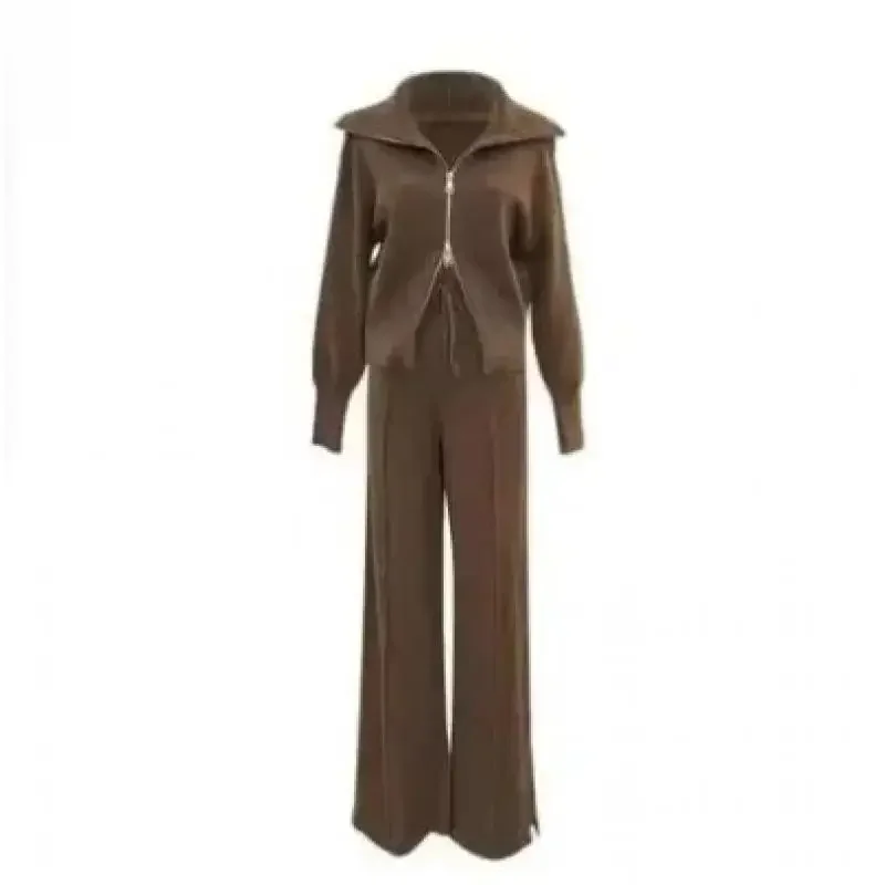 

Осенне-зимний модный повседневный женский комплект из двух предметов, вязаный теплый кардиган на молнии с отложным воротником, пальто, широкий брючный костюм