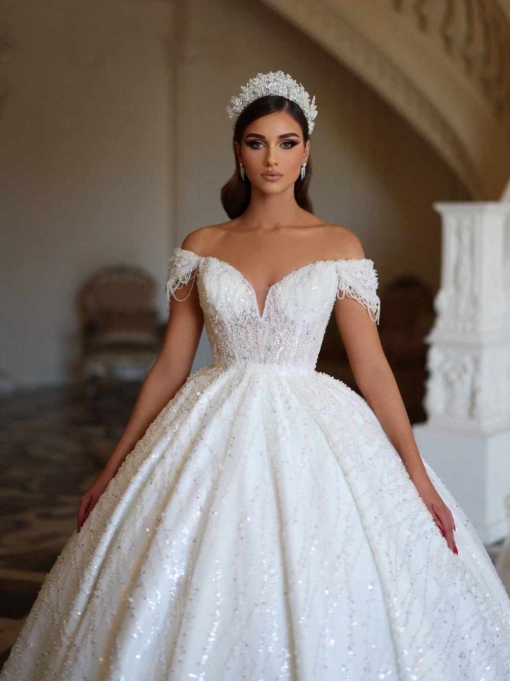 

Flavinke Customized Graceful Off The Shoulder Wedding Dresses Sequins Pearls Bride Robe Ball Gown Bridal Gown Robe De Mariée