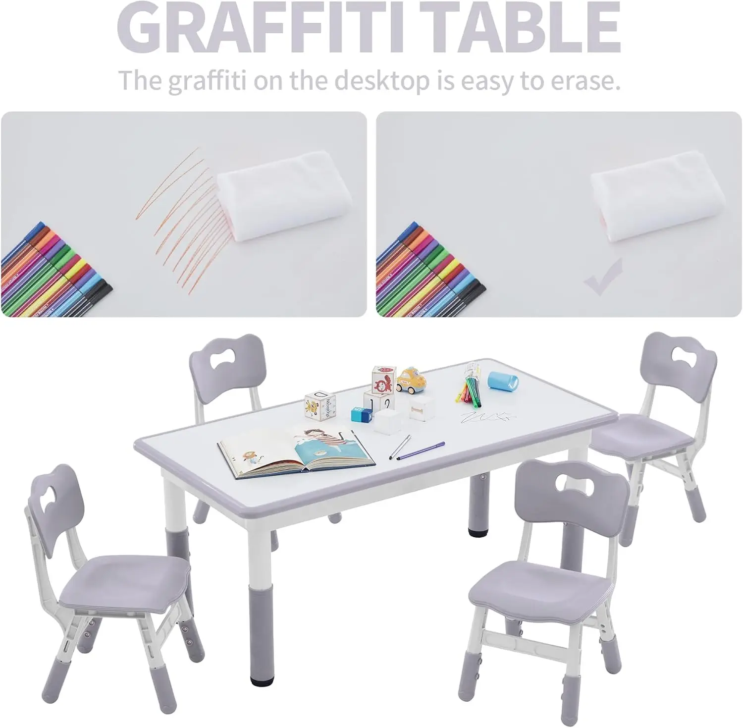 Conjunto de mesa e cadeira de estudo infantil de 47,2''L x 23,6''W, altura ajustável, mesa Graffiti, criança