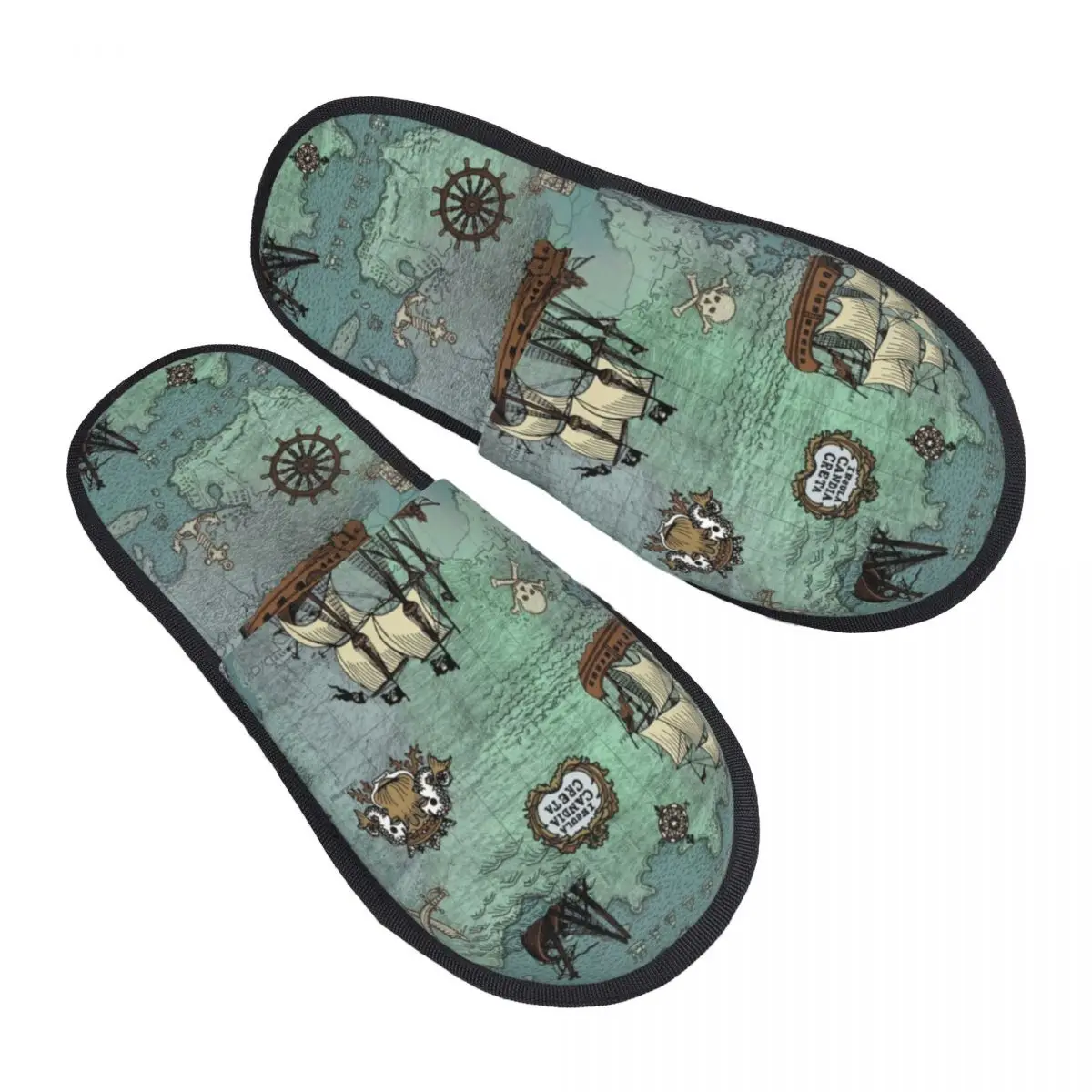 Pirate Map Nautical Sea Print Cozy Scuff Memory Foam Slippers Women Skull Sailor Bedroom House Shoes