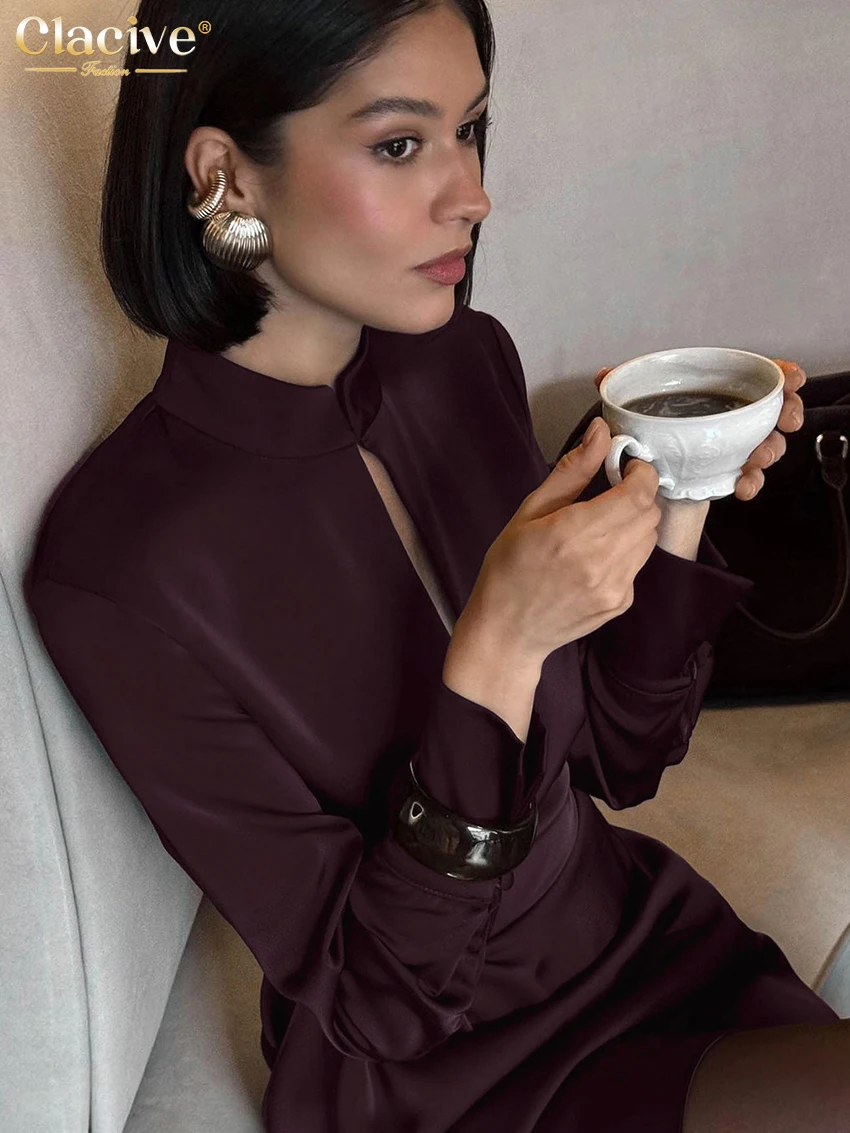 Clacive Fashion Loose Black Satin Women's Dress 2025 Casual Stand Collar Long Sleeve Mini Dresses Elegant Classic Female Dress