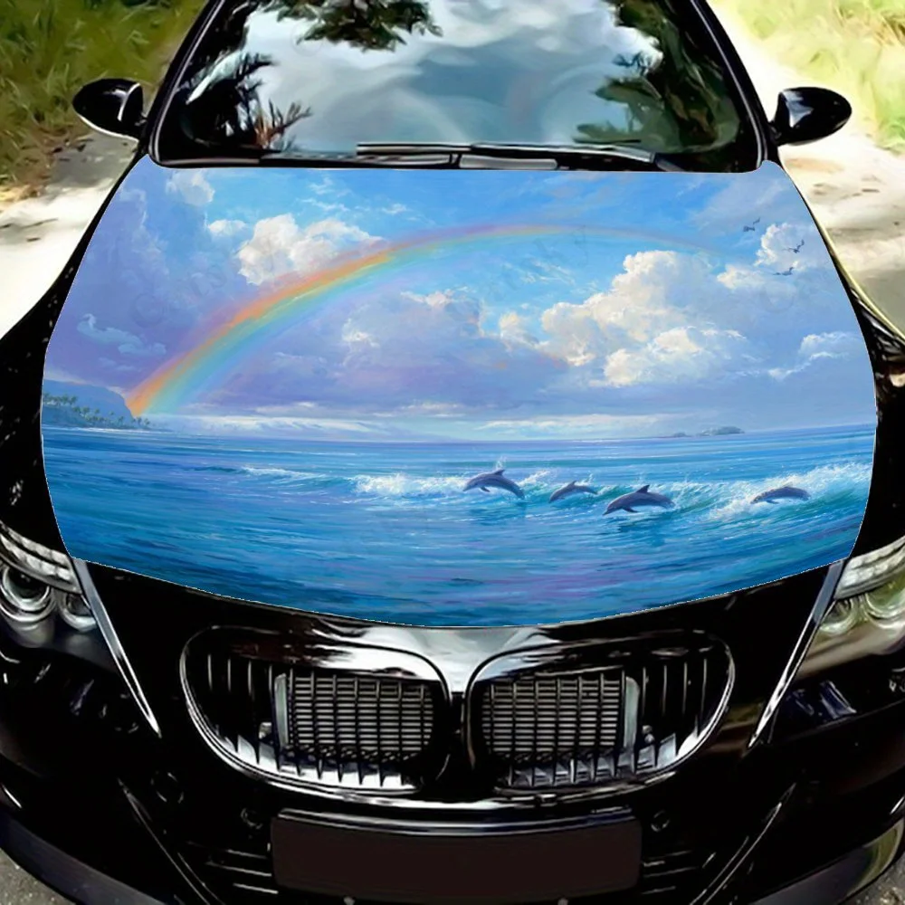 

Rainbow&Dolphin Car Hood Stickers-Durable PVC Sticker Protective Film For Most Vehicles, Ideal Gift For Car Enthusiasts, Car Dec