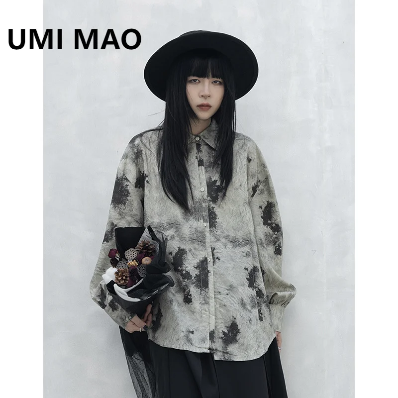 UMI MAO Lazy Style Designer's Loose Long Sleeve Shirt For Women Wrinkled Retro Ink Printing Unique Top Femme