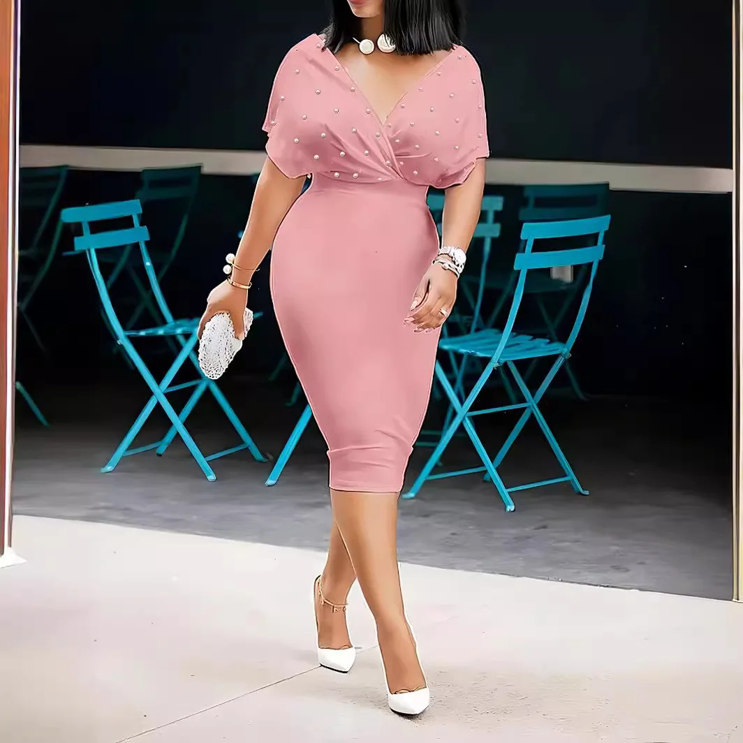 

Best-selling solid-color strapless dress with a V-neck, half sleeves, a zipper on the back, bubble beads, and a stylish design.