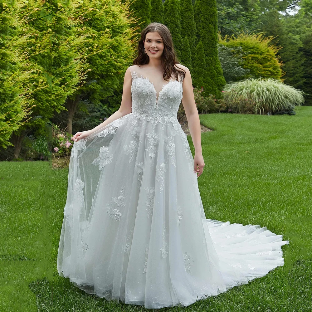 Elegante A-Linie Brautkleider in Übergröße, Juwelenausschnitt, Flügelärmel, Brautkleider, Applikationen, bodenlang, Tüll, Robe De Mariee 2025