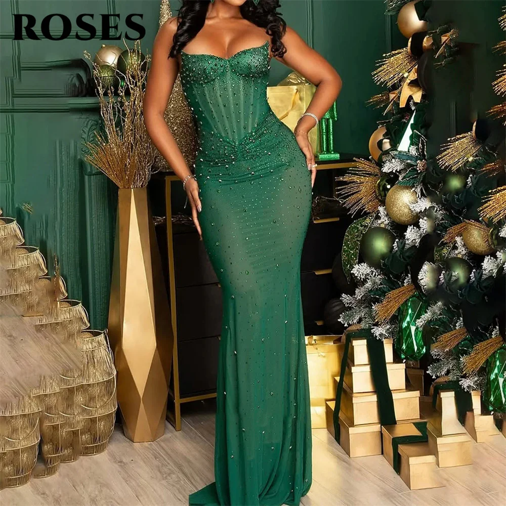 ROSES Green Sexy Evening Dresses Strapless Gala Dresses Mermaid Formal Dresses with Full Beaded Party Dress Customized