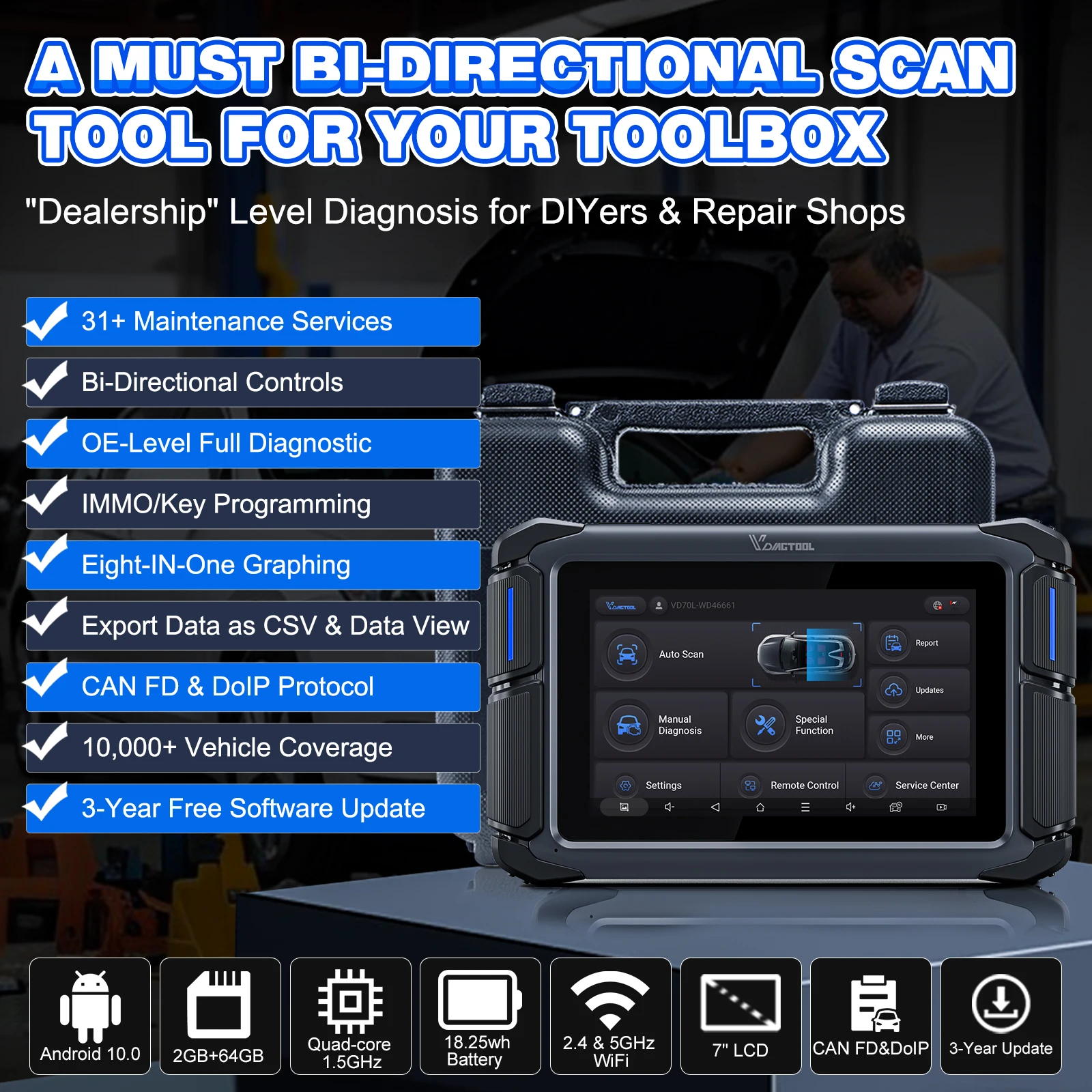 VDIAGTOOL VD70 Lite Full System Car Diagnostic Tool OBD2 Bidirectional Control Scan Automotive Scanner With CANFD DoIP 31+ Reset