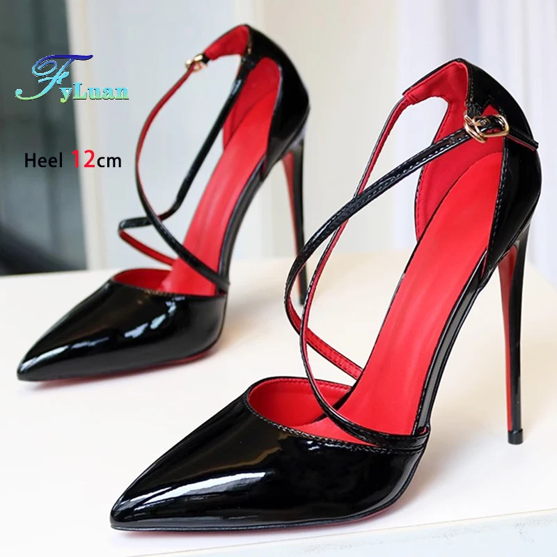 FyLuan Black Cross Strap Needle Pumps Pointed High Heels Patent Leather Women Ankle Strap Stiletto Pointed Toe Sexy Heels Shoes