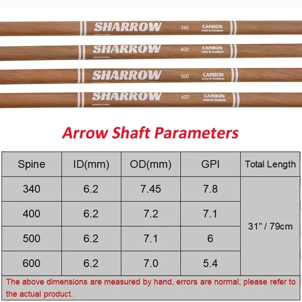 31inch Archery Pure Carbon Arrows Shaft ID6.2mm Spine340 400 500 600 for Compound/Recurve Bow and Arrow DIY Shooting Accessories