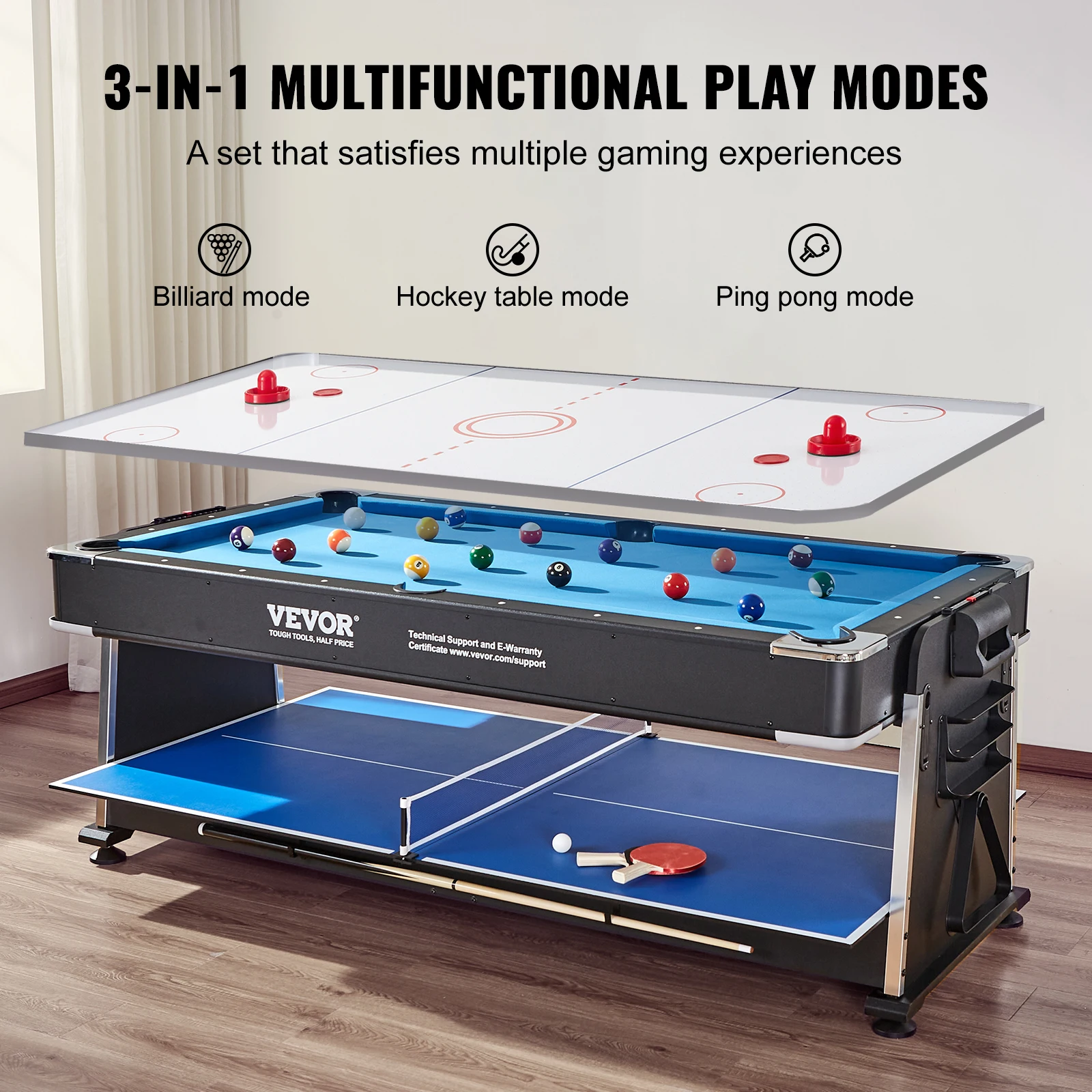 VEVOR 3-in-1 Rotating Swivel Multi Game Table with Air Hockey Billiards/Pool and Table Tennis 88