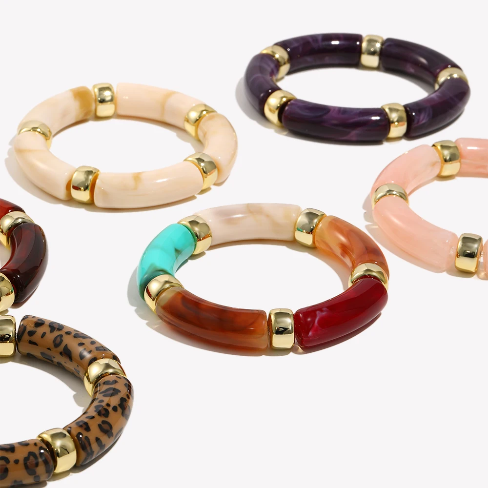 E.B.belle Acrylic Elastic Rope Bracelet Colorful Pattern Resin Leopard Print Bracelet With Gold Plated For Women's Gift Jewelry