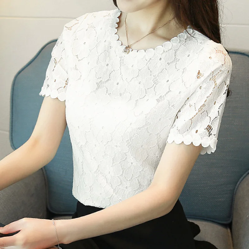 New Fashion Summer Short Sleeve Blouse Lace Women\'s Tops Sweet O-neck Clothing Elegant Shirt White Hollow Out D710