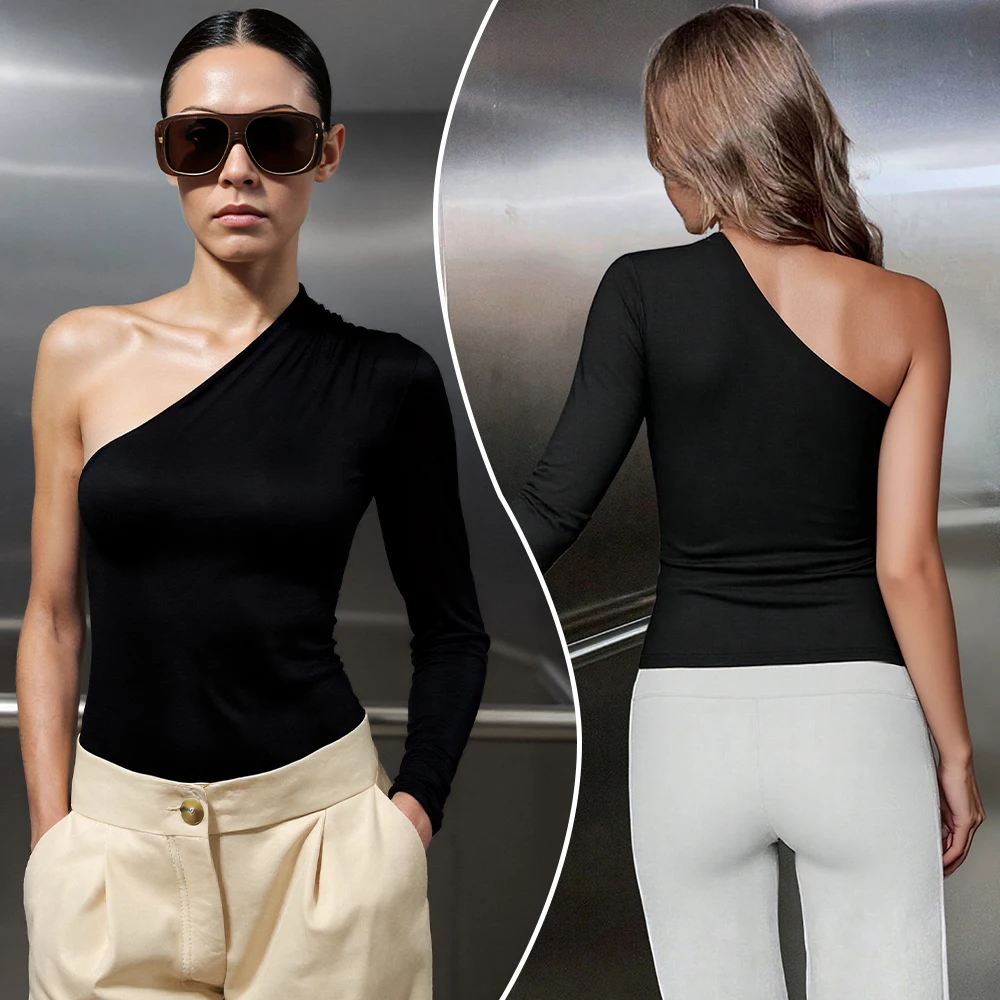 Women's Autumn T-Shirt Comfortable Chic One-Shoulder Long Sleeve Asymmetrical French Casual One-Shoulder Top