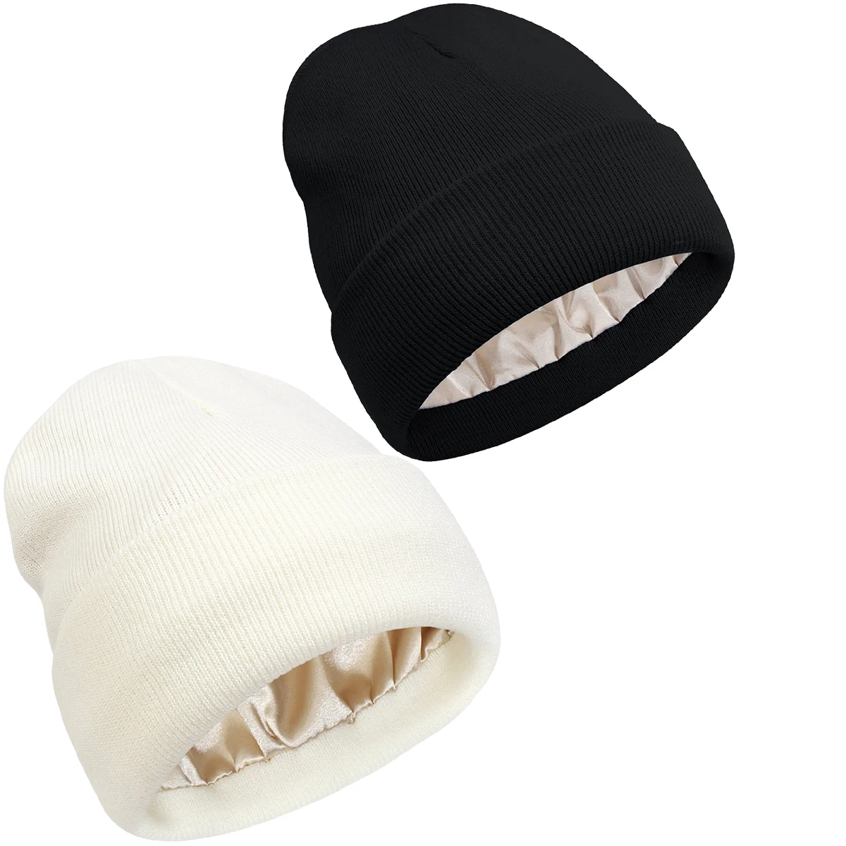 Unisex Satin Lined Beanie Hat For Women Men Winter Silk Lining Slouchy Warm Cuffed Skullies Knitted Hat Hair Cover Sleep Cap
