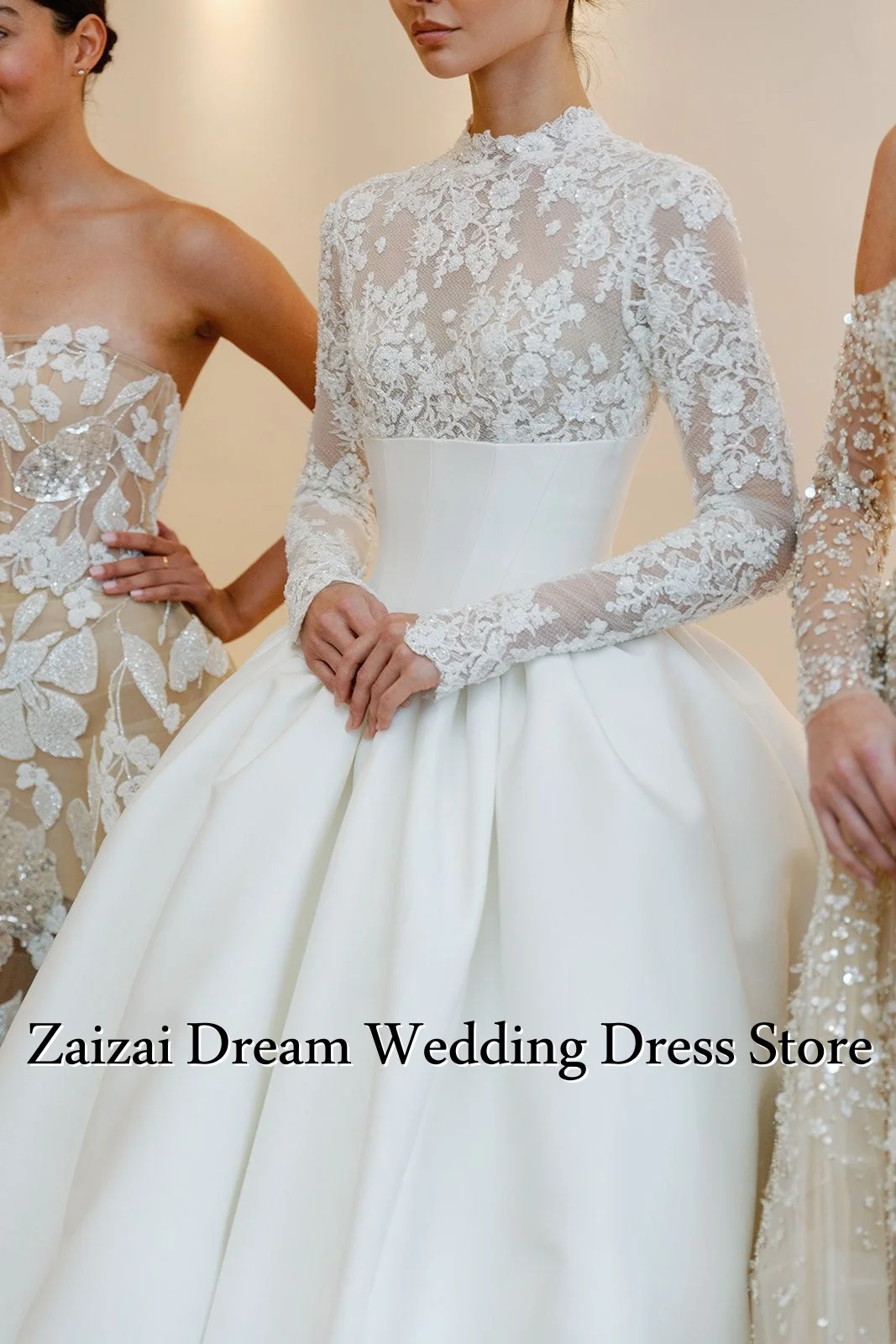 تخصيص أنيقة شارون سعيد أوف وايت فستان الزفاف عالية الرقبة الكرة ثوب الأميرة الساتان العروس ثوب فيستدو دي نوفيا