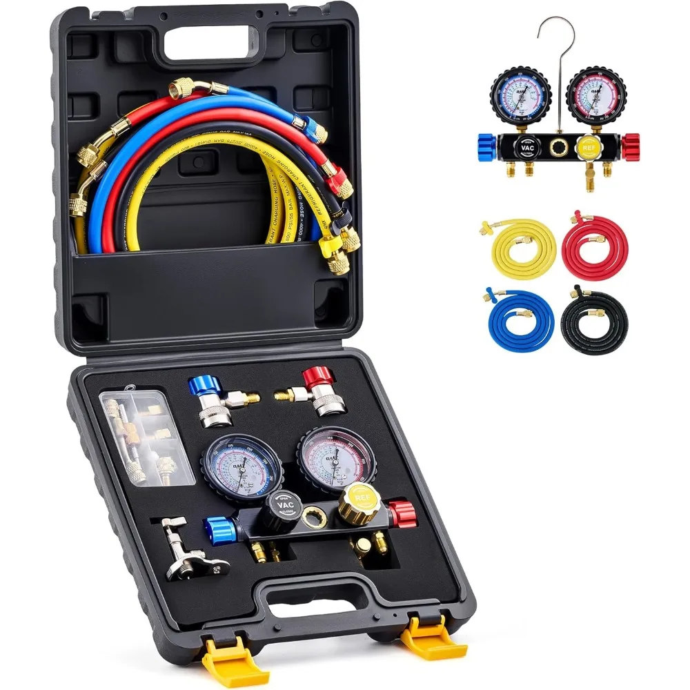 

4 Way AC Manifold Gauge Set for R410a R22 R134a with 5ft Hoses, Adapters & Can Tap